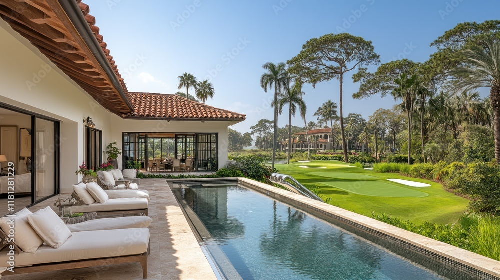 Fototapeta premium Luxury Villa with Infinity Pool Overlooking a Golf Course