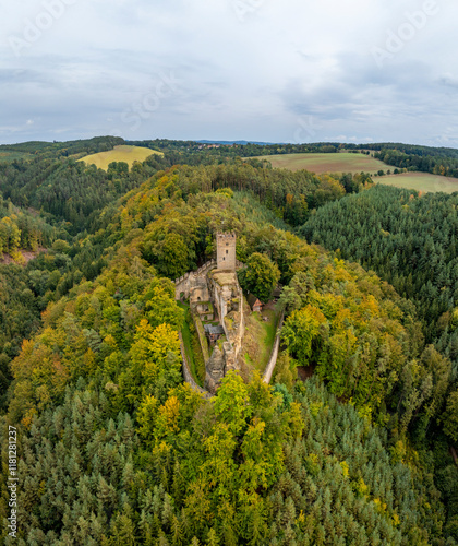 Aerial view of the abandoned medieval Burg Helfenburk castle surrounded by lush autumn forest and trees, Ustek, Czech Republic. photo