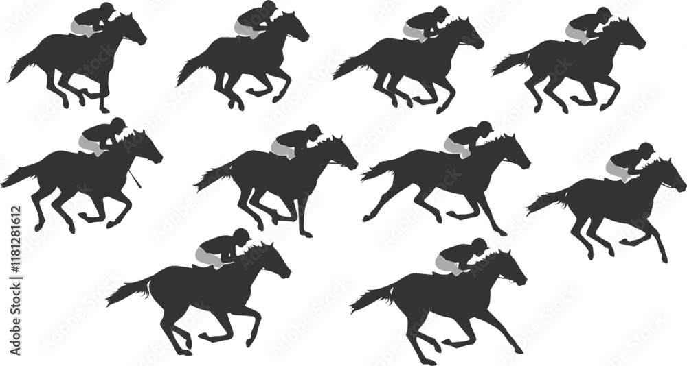 Fototapeta premium 10 racing horses and jockeys silhouettes - vector. Transparent background PNG, cutout