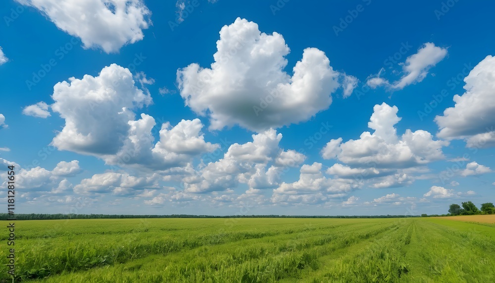 Lush green meadow bathed in sunlight, with a serene blue sky and scattered white clouds overhead Lush green meadow bathed in sunlight, with a serene blue sky and scattered white clouds overhead