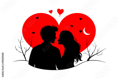 valentine day lovers under a moonlit sky silhouette vector