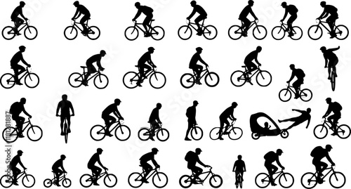 106 high quality bicyclists silhouettes - vector Transparent background PNG, cutout