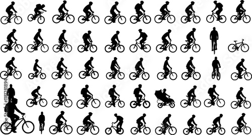 106 high quality bicyclists silhouettes - vector Transparent background PNG, cutout
