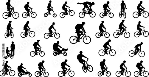 106 high quality bicyclists silhouettes - vector Transparent background PNG, cutout