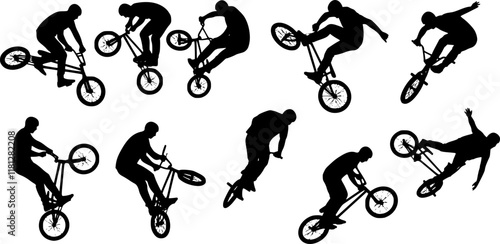 12 bmx stunt silhouettes - vector Transparent background PNG, cutout