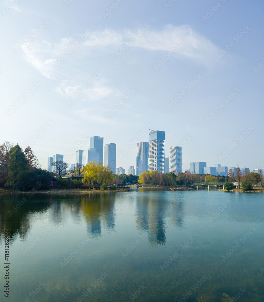 Tranquil Reflections of a Modern Cityscape by the Water Tranquil Reflections of a Modern Cityscape by the Water