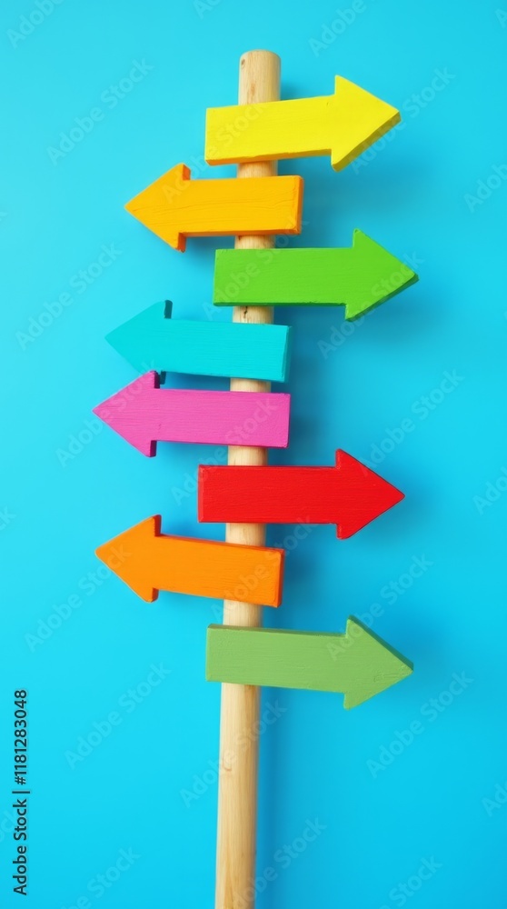 Colorful Directional Signs Against Blue Background Colorful Directional Signs Against Blue Background