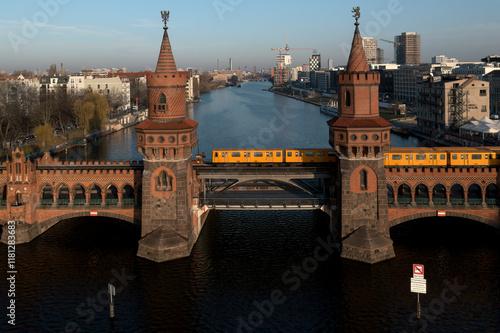 Aerial of Oberbaum Bridge in Friedrichshain, Berlin, Germany photo