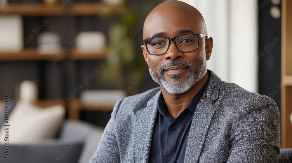 Obraz premium Confident bald man, glasses, gray jacket, indoors.