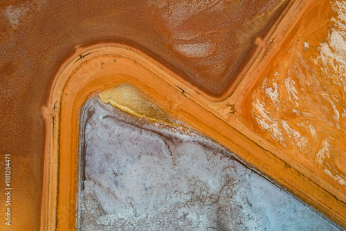 Aerial view of abstract patterns and vibrant colors of Redbank salt farm, Port Hedland, Australia. photo