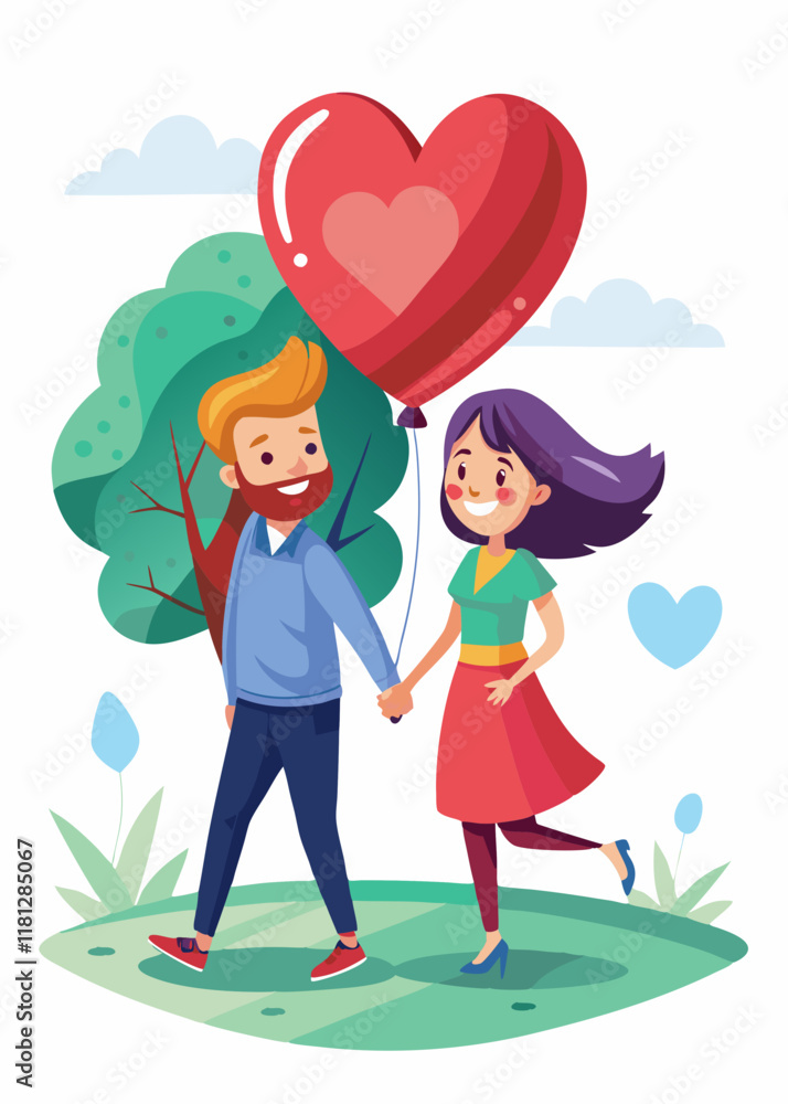 Happy couple in park holding heart-shaped balloon, smiling and enjoying romantic outdoor moment. Happy couple in park holding heart-shaped balloon, smiling and enjoying romantic outdoor moment.