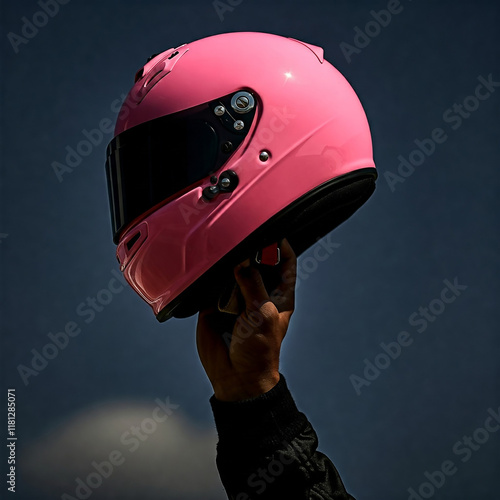 The racer's hand lifts his plain pink helmet to the sky, suitable for placing logos, emblems, stickers and brands photo