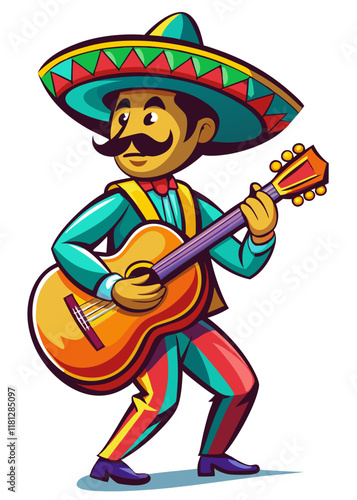 Músico mariachi alegre tocando la guitarra con sombrero tradicional y atuendo colorido. Artista mexicano alegre tocando un instrumento acústico