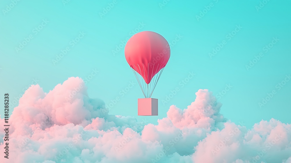 A digital artwork of a blank box suspended under a parachute, drifting effortlessly through a cloud-filled sky with soft pastel hues in the background, the mood is tranquil, serene, and introspective A digital artwork of a blank box suspended under a parachute, drifting effortlessly through a cloud-filled sky with soft pastel hues in the background, the mood is tranquil, serene, and introspective