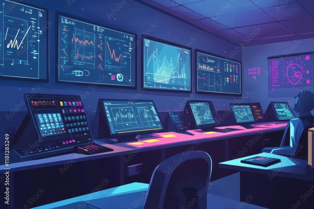 A futuristic control room filled with digital displays and data analysis. A futuristic control room filled with digital displays and data analysis.