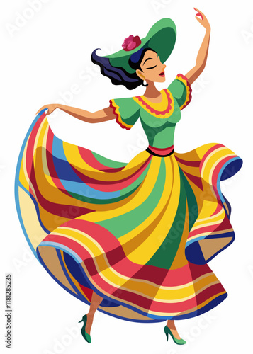 Elegante bailarina tradicional mexicana girando con un vibrante vestido folclórico, actuando con gracia y alegría en una animada celebración cultural.