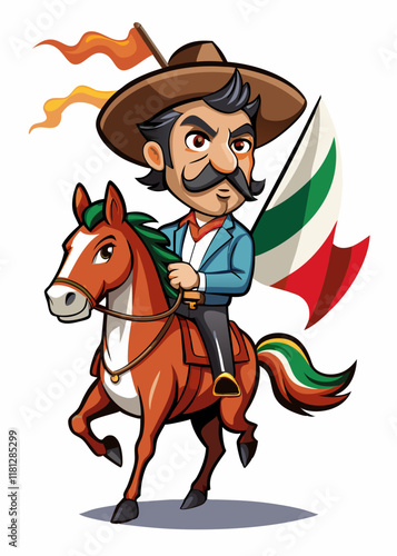 Charro con traje tradicional, montado en un brioso caballo con la bandera mexicana en la mano.