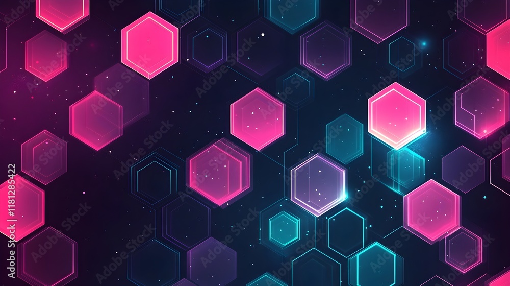 geometric pattern of glowing hexagons in neon pink and purple. geometric pattern of glowing hexagons in neon pink and purple.