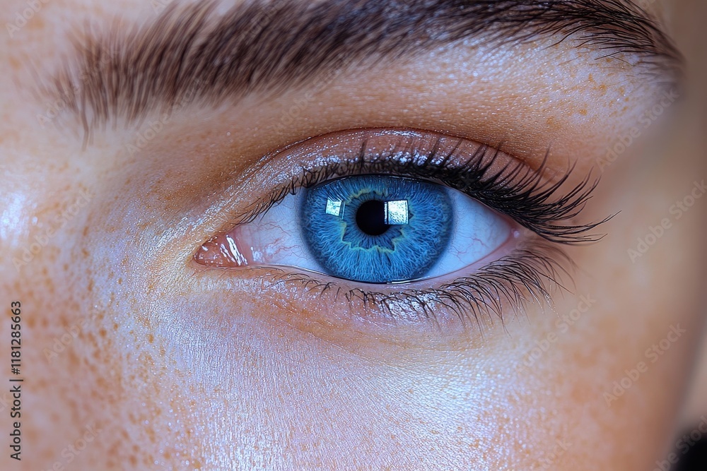 Obraz premium Close-up of a vibrant blue eye showcasing intricate details of the iris and eyelashes in natural light