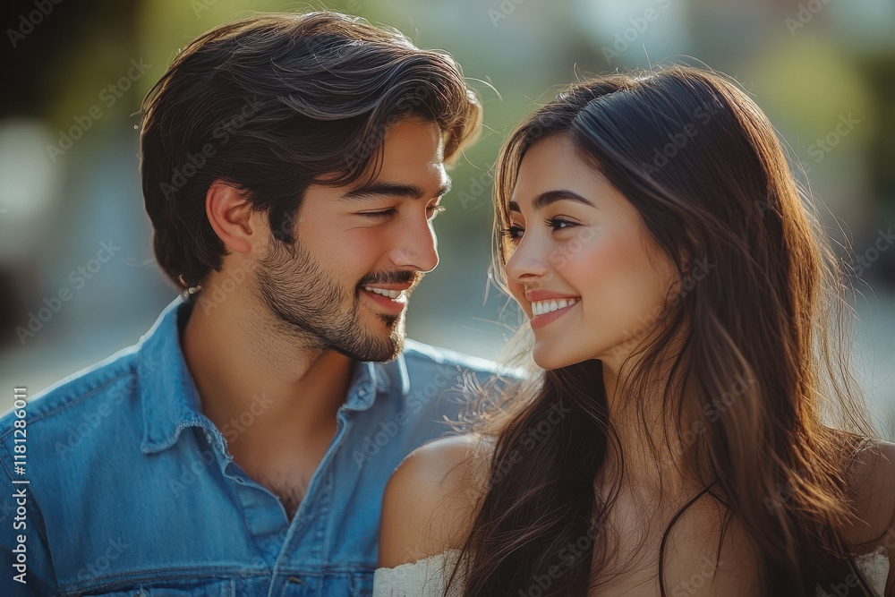 Indian modern looking couple looking to each other, wearing blue shirt and jeans, open eyes, smiling Indian modern looking couple looking to each other, wearing blue shirt and jeans, open eyes, smiling