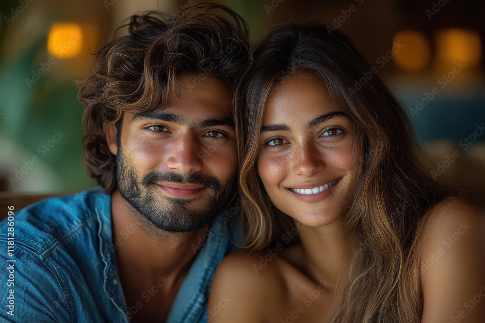 Indian modern looking couple looking to each other, wearing blue shirt and jeans, open eyes, smiling Indian modern looking couple looking to each other, wearing blue shirt and jeans, open eyes, smiling