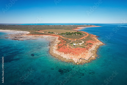 Aerial view of beautiful Gantheaume Point with rocky cliffs and sandy beach, Broome, Australia. photo