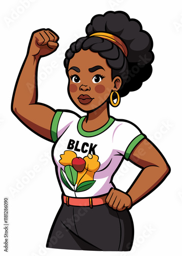 Strong Black woman raising fist in solidarity, wearing a T-shirt that says "Black." Confident African American female activist standing proudly, symbolizing empowerment, resistance, and unity.
