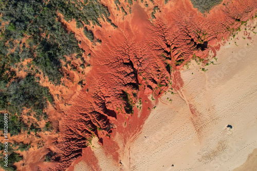 Aerial view of vibrant red earth and scenic coastline at Gantheaume Point and Reddell Beach, Kimberley Region, Australia. photo