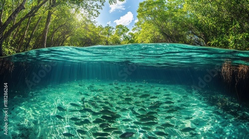 A crystal-clear pond of natural water surrounded by trees, with fish swimming below the surface