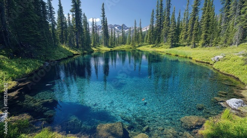 A crystal-clear pond of natural water surrounded by trees, with fish swimming below the surface