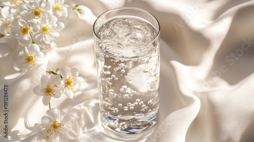 A fine glass of sparkling spring water with tiny bubbles, set on a white linen tablecloth with gourmet meal elements