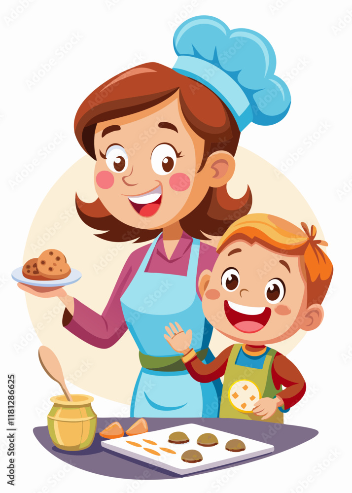 Mother and child baking cookies together, with flour on their faces and joyful expressions. Mothers Day Vector
Mother and child baking cookies together, with flour on their faces and joyful expressions. Mothers Day Vector