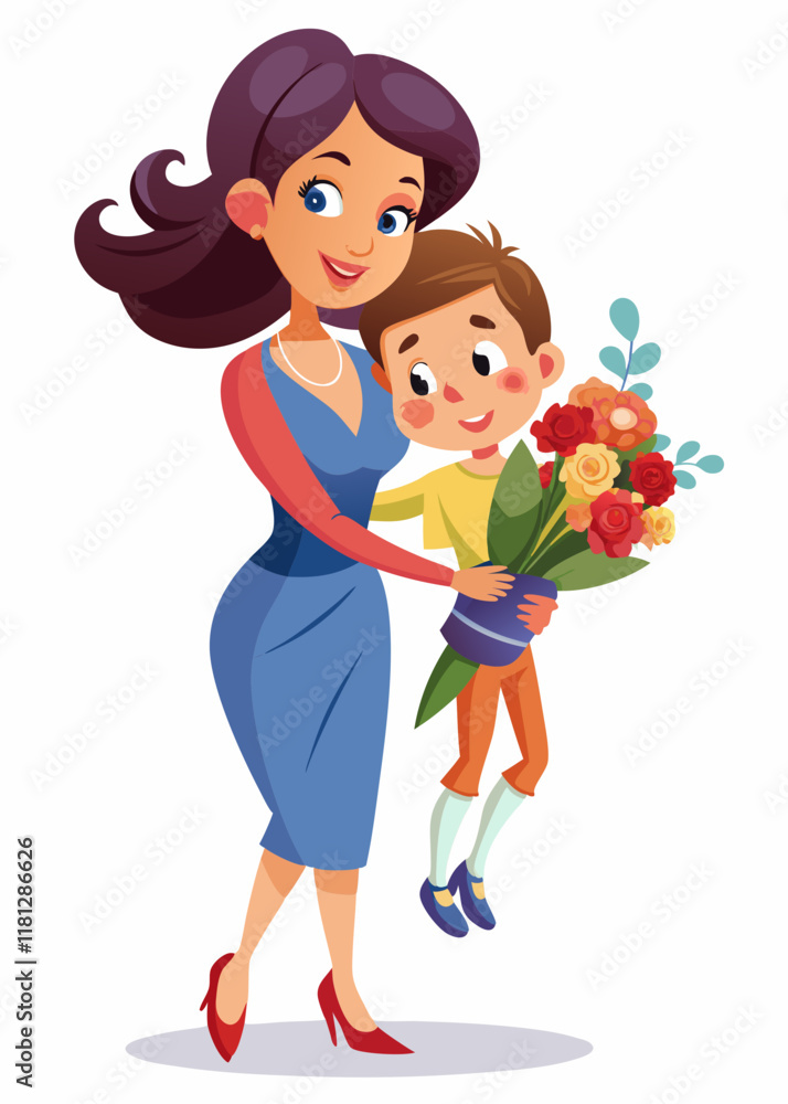 Fototapeta premium Loving mother receiving a bouquet of flowers from her child. Tender family moment of a happy mother and child sharing love and appreciation