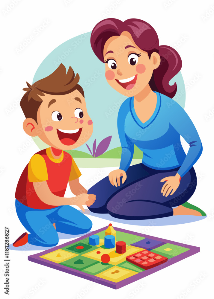 Loving mother and son laughing together while playing board game on cozy living room floor Loving mother and son laughing together while playing board game on cozy living room floor