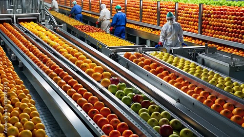Automated Fruit Sorting Facility with Workers Monitoring Conveyor Belts Carrying Oranges, Apples, and Citrus Fruits

