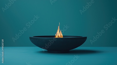 Modern Minimalist Fire Pit Bowl: Teal Background, Elegant Home Decor, Tranquil Ambiance photo