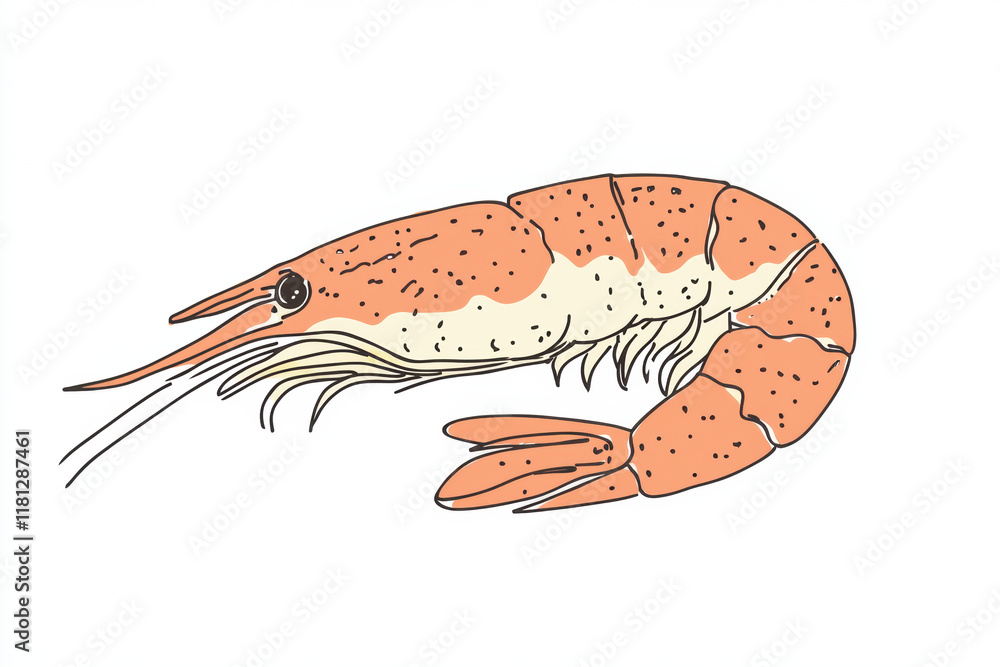 Hand drawn illustration of shrimp with detailed features and colors Hand drawn illustration of shrimp with detailed features and colors