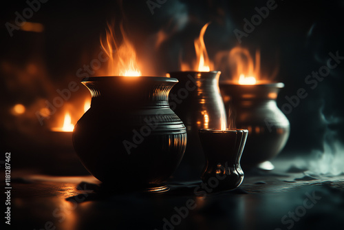 Ancient Egyptian ritual vessels on an ancient table in a sanctuary background. photo