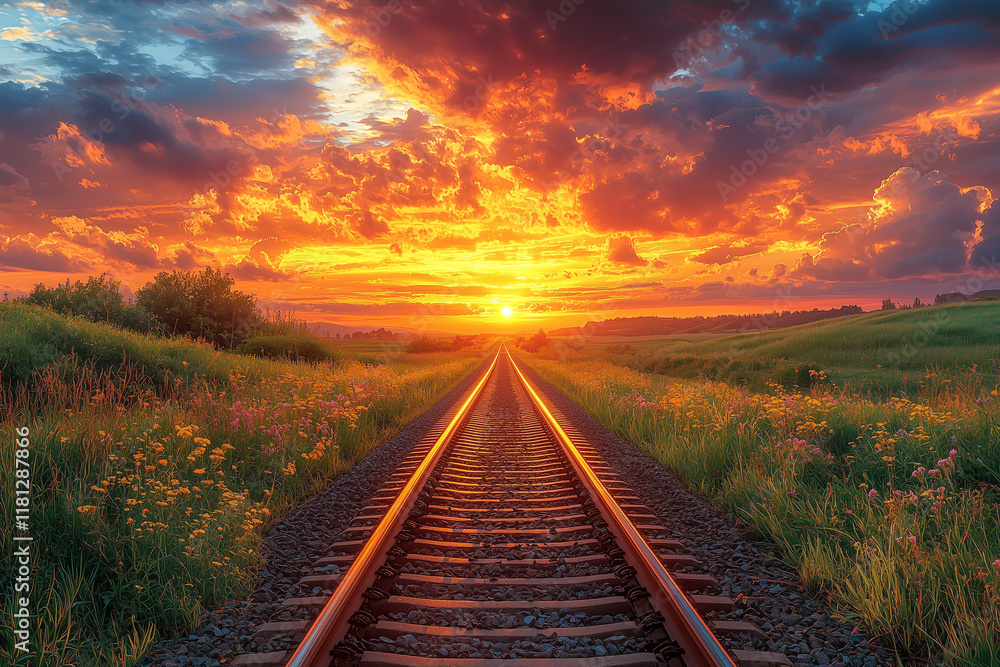 Railway tracks stretching into the distance, bathed in the warm glow of a sunset, surrounded by overgrown grass and flowers, creating a nostalgic and peaceful scene. Railway tracks stretching into the distance, bathed in the warm glow of a sunset, surrounded by overgrown grass and flowers, creating a nostalgic and peaceful scene.