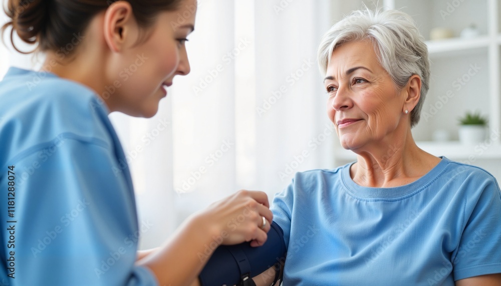 Obraz premium Nurse measuring blood pressure for elderly patient, calm healthcare setting