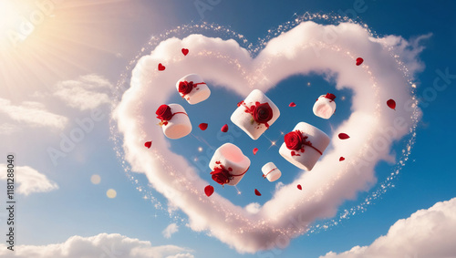 Heart-Shaped Cloud with Floating Marshmallows and Roses in the Sky. Banner for Valentine's Day or wedding. Greeting card, Valentine's Day or wedding invitation.