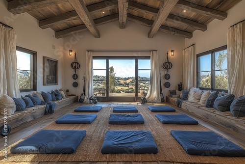 Zen interior design retreat modern home space yoga room tranquil environment relaxed viewpoint mindfulness concept for fitness