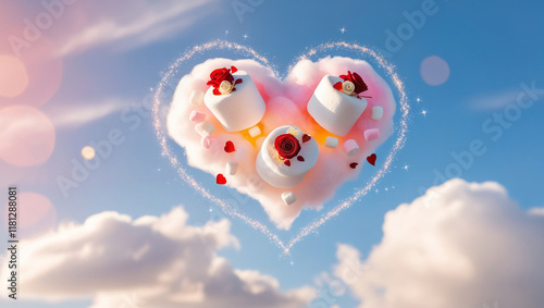 Heart-Shaped Cloud with Floating Marshmallows and Roses in the Sky. Banner for Valentine's Day or wedding. Greeting card, Valentine's Day or wedding invitation.
