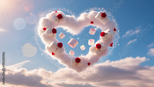 Banner for Valentine's Day or wedding. Greeting card, Valentine's Day or wedding invitation. Heart-Shaped Cloud with Floating Marshmallows and Roses in the Sky. 