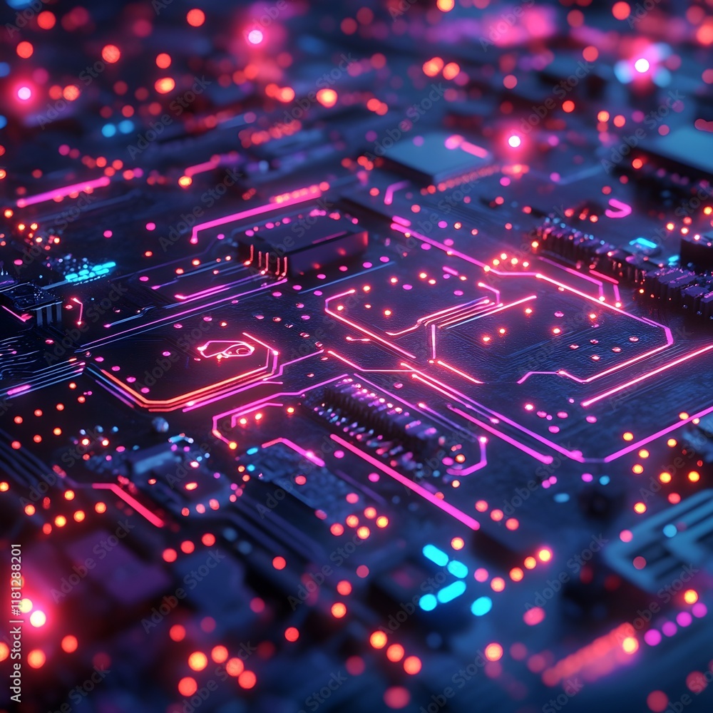 Fototapeta premium holographic circuit board design with dynamic glowing elements. 