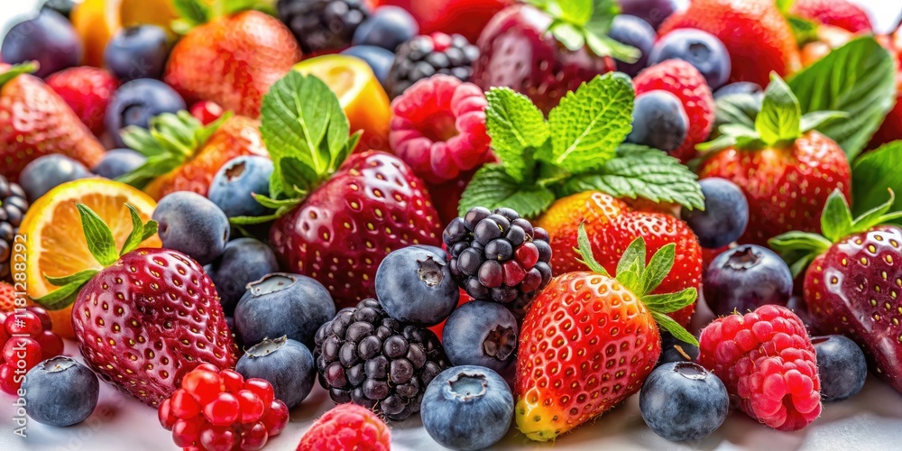 High-resolution food photography: vibrant fresh fruit & berries, pristine white background, still life perfection. High-resolution food photography: vibrant fresh fruit & berries, pristine white background, still life perfection.
