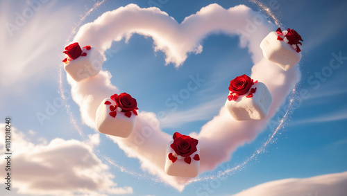 Heart in the sky. Heart-Shaped Cloud with Floating Marshmallows and Roses in the Sky. Banner for Valentine's Day or wedding. Greeting card, Valentine's Day or wedding invitation.