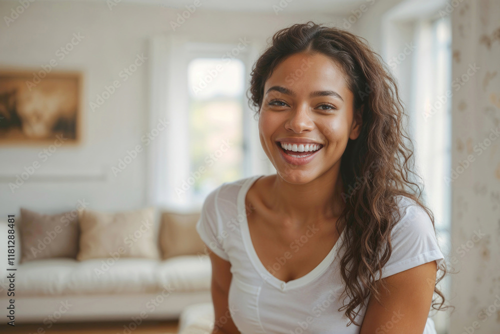Portrait of happy African American woman in white t-shirt on blurred background of bright living room and looking at camera Portrait of happy African American woman in white t-shirt on blurred background of bright living room and looking at camera