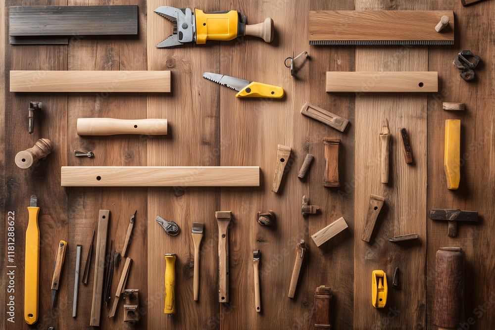 Various tools and wooden blanks on a carpenter workbench top view. Carpentry background.. Various tools and wooden blanks on a carpenter workbench top view. Carpentry background..