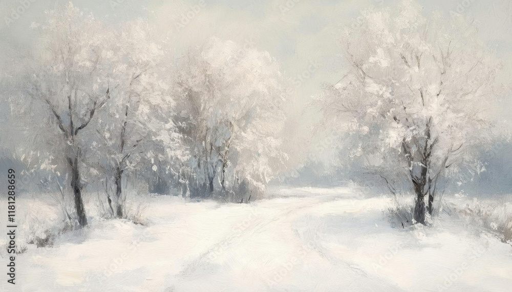 A serene winter landscape with snow-covered trees and a winding path. A serene winter landscape with snow-covered trees and a winding path.
